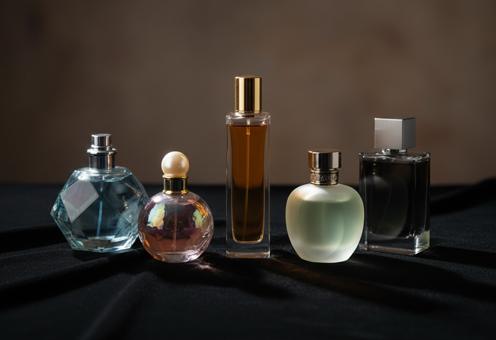 Curated collection of five perfume bottles on dark velvet - how to build a fragrance wardrobe
