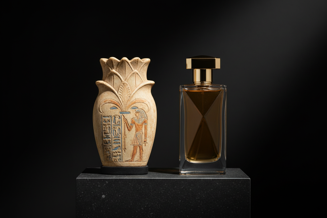 Ancient Egyptian perfume vessel beside modern luxury bottle - history of perfume