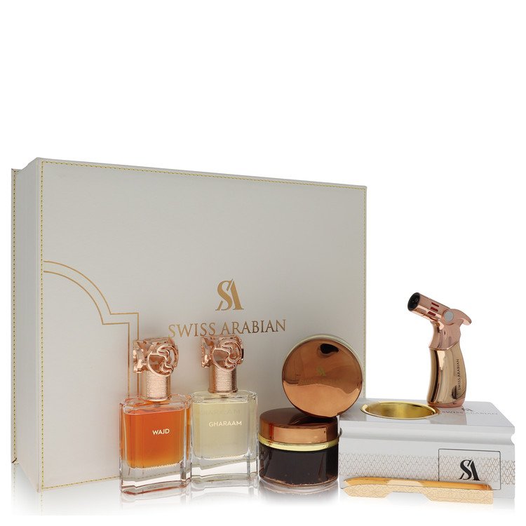 Swiss Arabian Bakhoor Dukhoon Al Haram by Swiss ArabianGift Set -- Gift Set contains 2 x 1.7 oz Eau De Parfum in Wajd & Gharaam + 2 x 60 grams of Incense in Dukhoon Al Haram & Oud Muattar Mumtaz