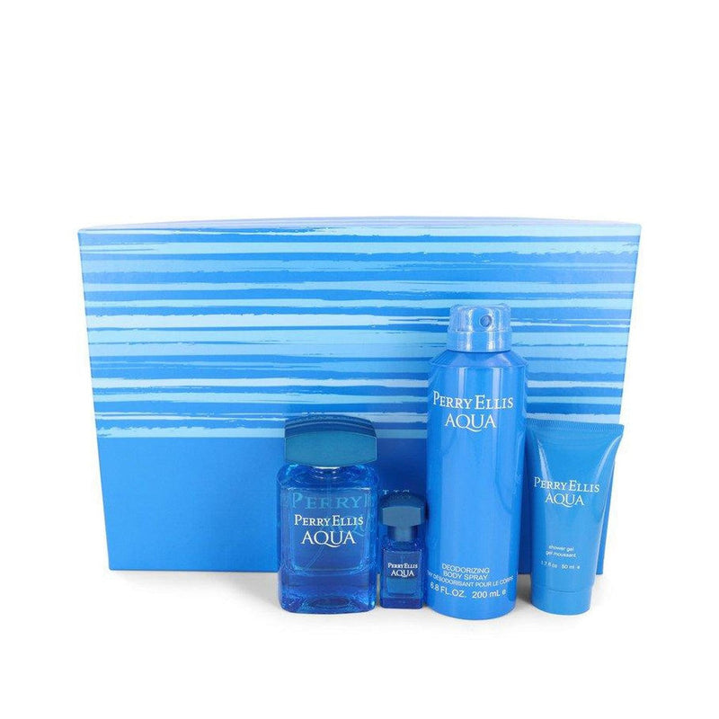 Perry Ellis Aqua by Perry Ellis Gift Set -- 3.4 oz Eau De Toilette Spray + .25 oz Mini EDT Spray + 6.8 oz Body Spray + 1.7 oz Shower Gel