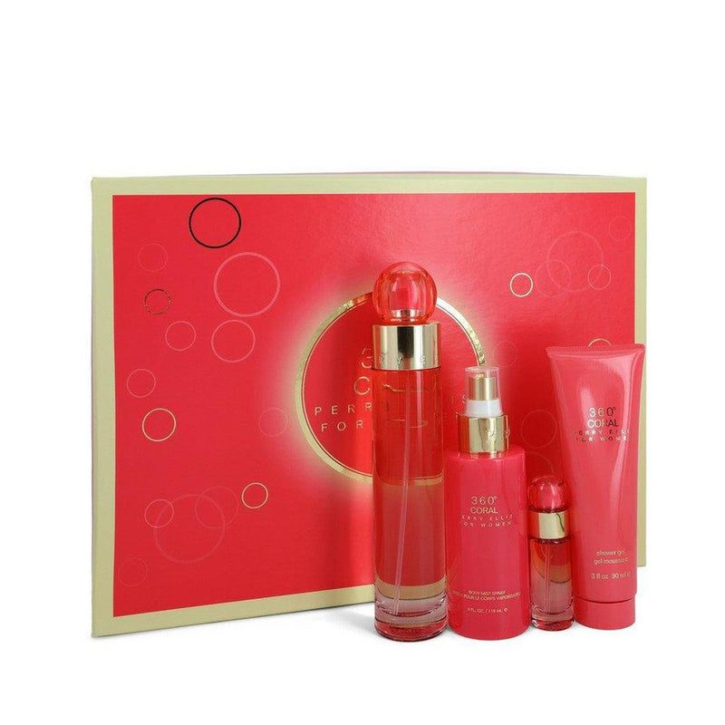 Perry Ellis 360 Coral by Perry Ellis Gift Set -- 3.4 oz Eau De Parfum Spray + .25 oz Mini EDP Spray  + 4 oz Body Mist Spray + 3 oz Shower Gel