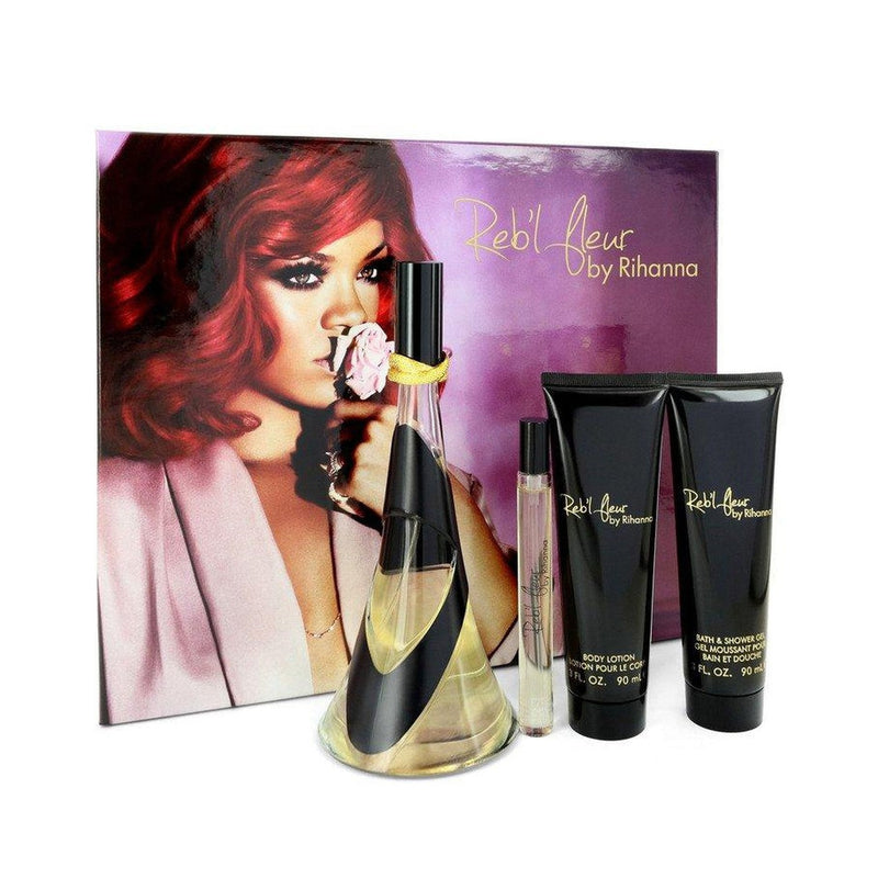Reb'l Fleur by Rihanna Gift Set - 3.4 أوقية أو دي بارفوم رذاذ + 3 أوقية غسول الجسم + 3 أوقية دش جل + .34 أوقية ميني EDP رذاذ