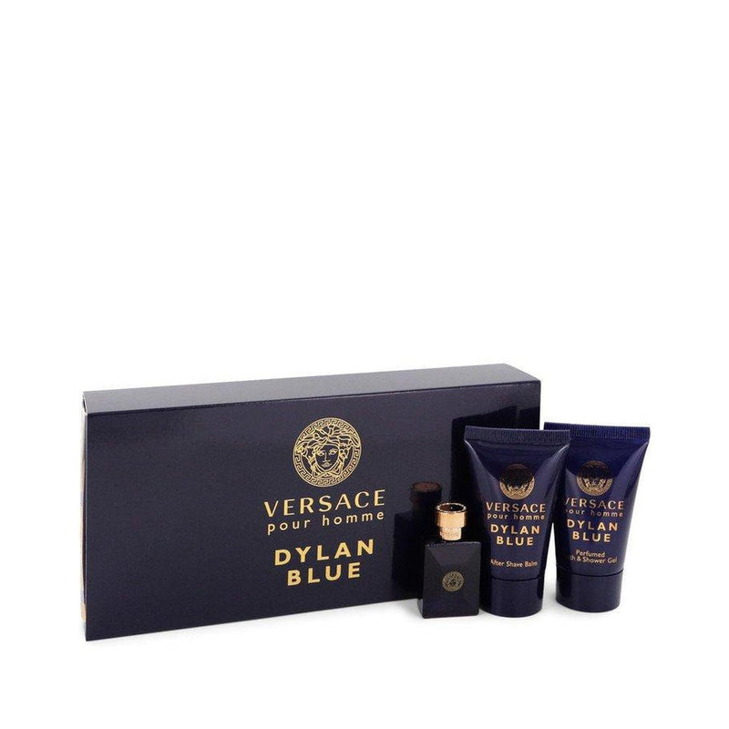 Versace Pour Homme Dylan Blue by Versace Gift Set -- 0.17 oz Mini EDT + 0.8 oz After Shave Balm + 0.8 oz Shower Gel