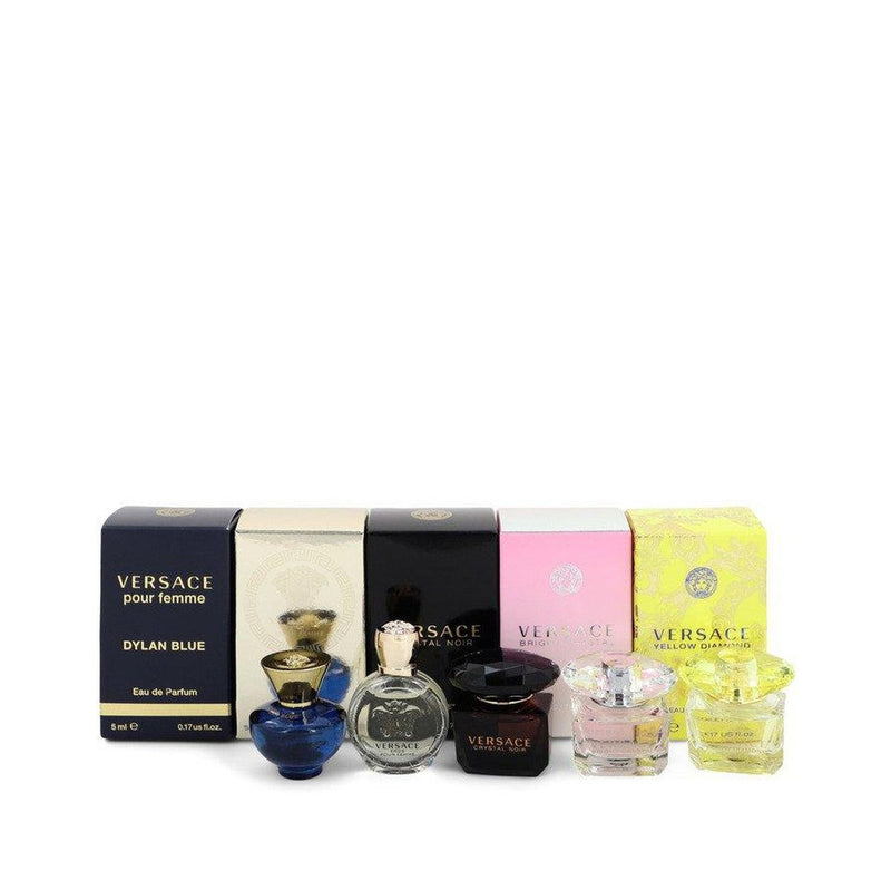 Versace Yellow Diamond by Versace Gift Set -- Miniature Collection Includes Versace Yellow Diamond, Bright Crystal, Crystal Noir, Eros and Pour Femme Dylan Blue all .17 oz sizes.